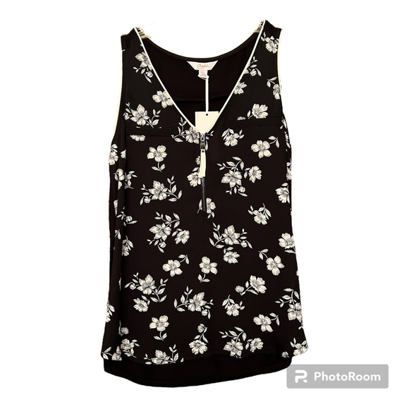 Soft Floral Top with Zip Front in Black and White - Picture 1 of 14